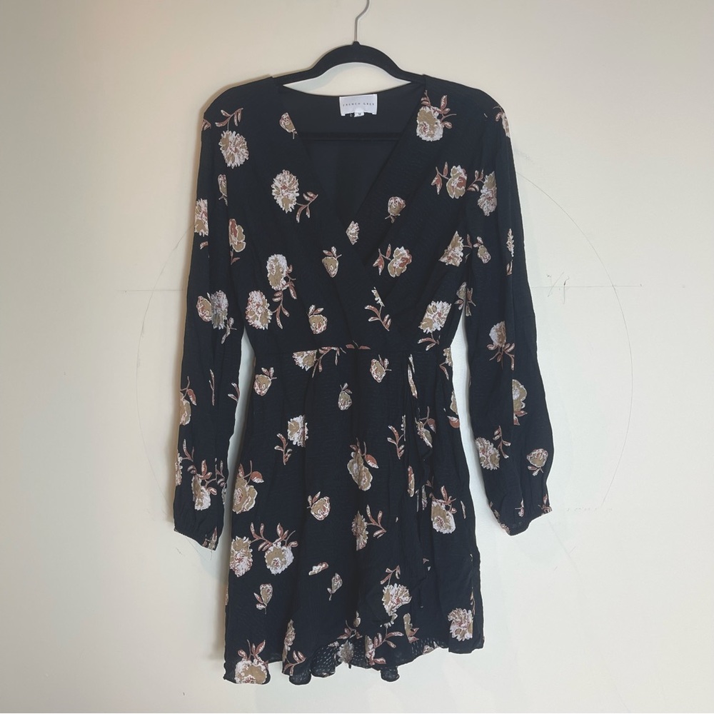 Stitch Fix French Grey Floral Dress - M - Black Brown Tan Taupe - V Neck